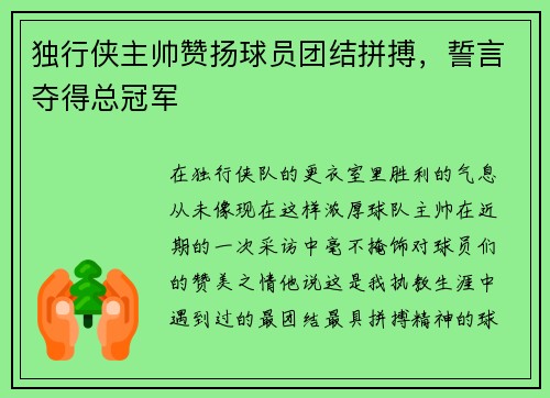 独行侠主帅赞扬球员团结拼搏，誓言夺得总冠军